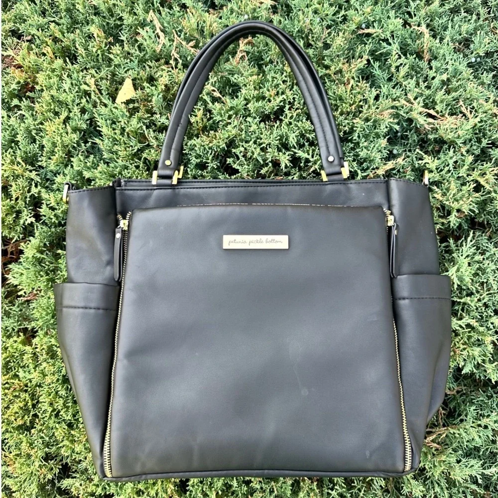Petunia Pickle Bottom City Carryall Tote Black Faux Leather Diaper Bag